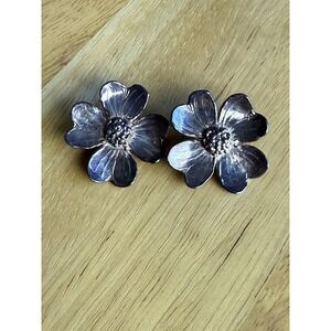 Vtg Sterling Silver Stuart NYE? Dogwood Flower Clip On Earrings 925 16g Art Deco